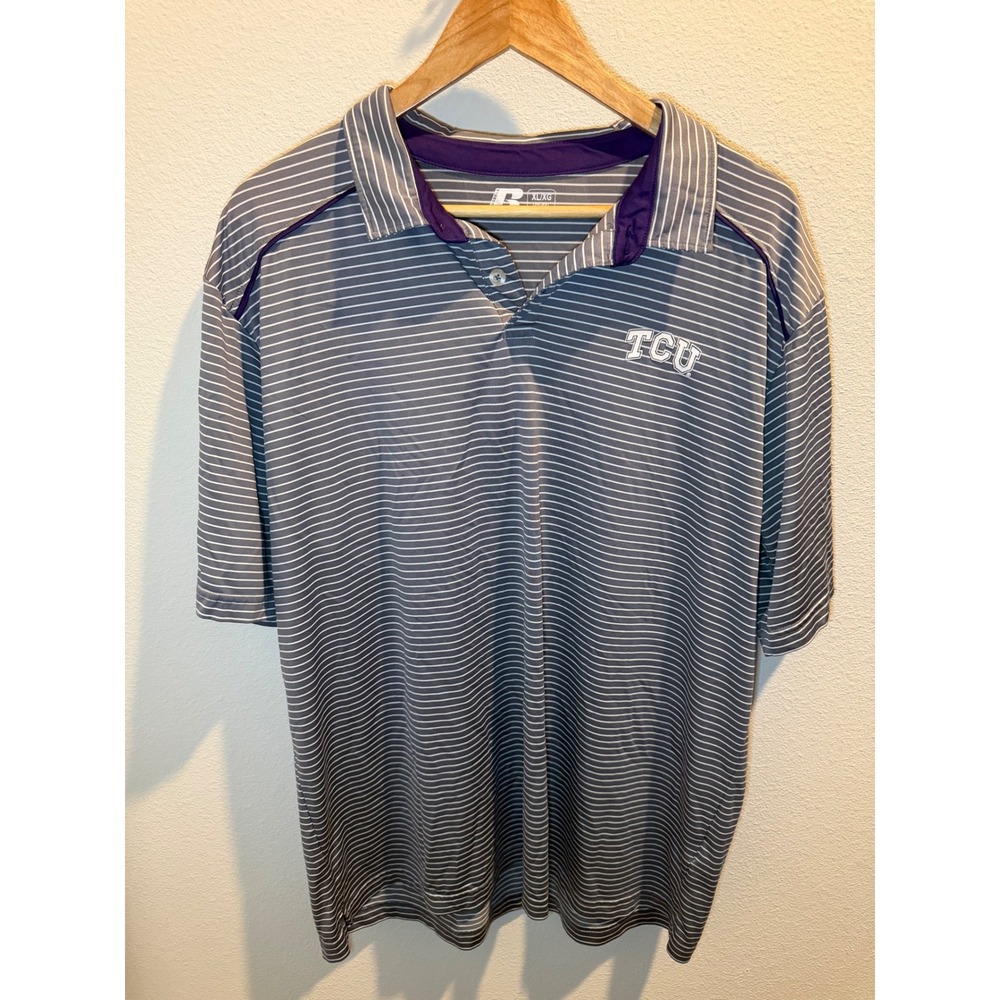 Russell Athletic TCU Horned Frogs Polo Shirt Mens XL Grey Purple Striped Golf